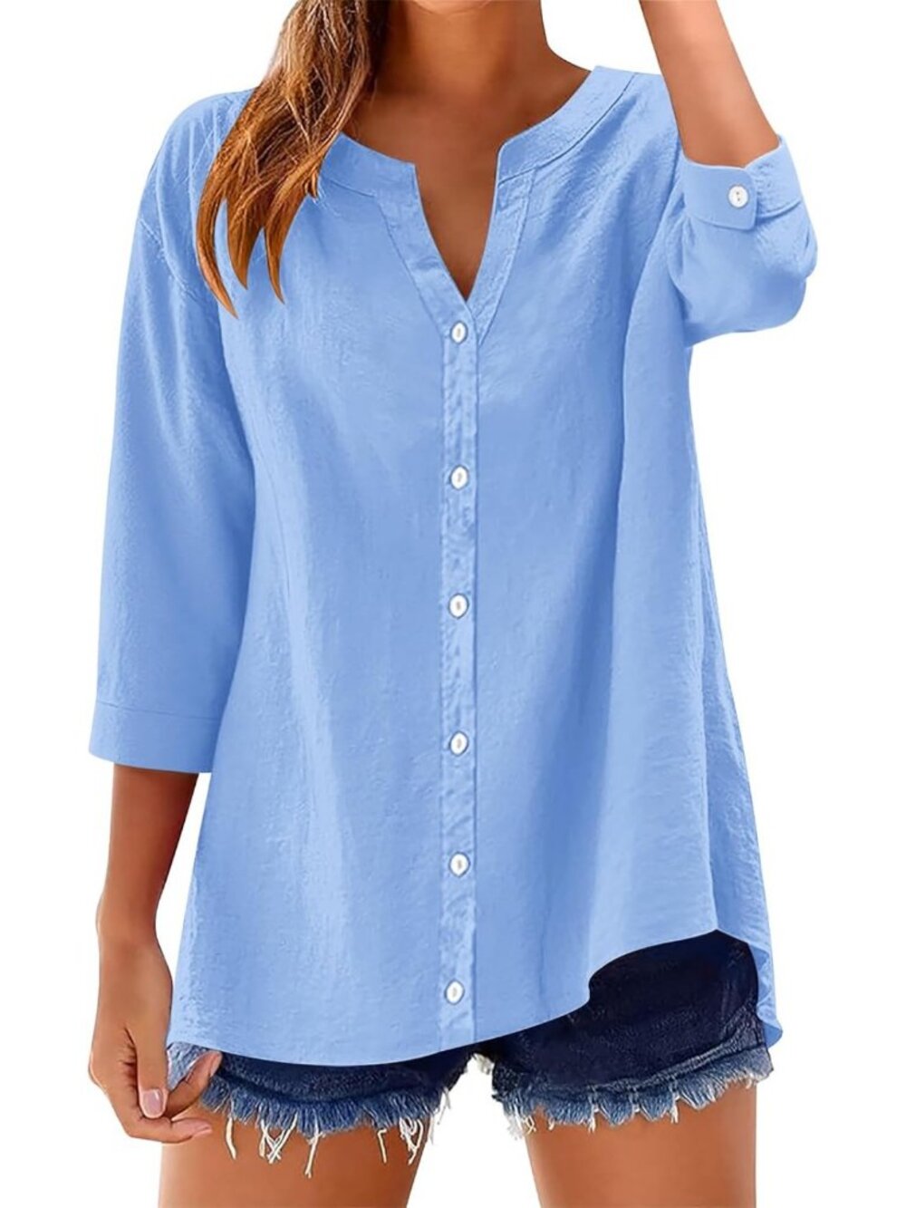 Chic 3/4 Sleeve Women's Cotton Linen V-Neck Button Down Top - Casual & Stylish